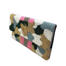 Load image into Gallery viewer, Camo Clutch Pink + Gray Stripe Bee Beaded Clutch