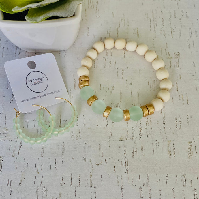 Sea Green Glass + Cream Wood Bead Set