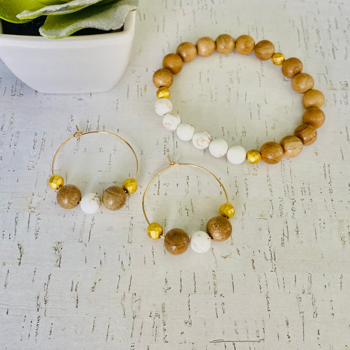 White Howlite Bead + Wood Bracelet Set