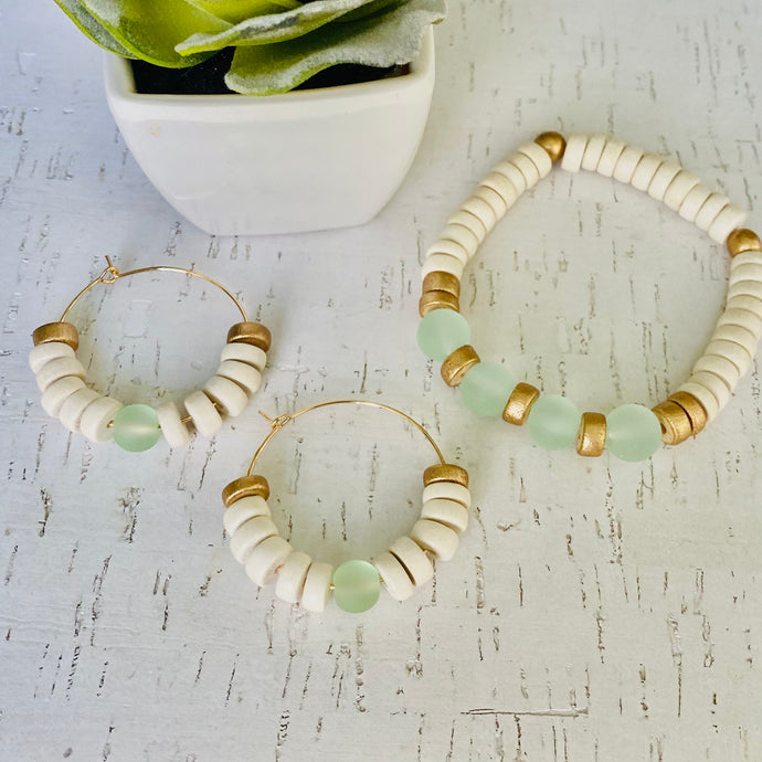 Sea Green Glass + Wood Bead Set