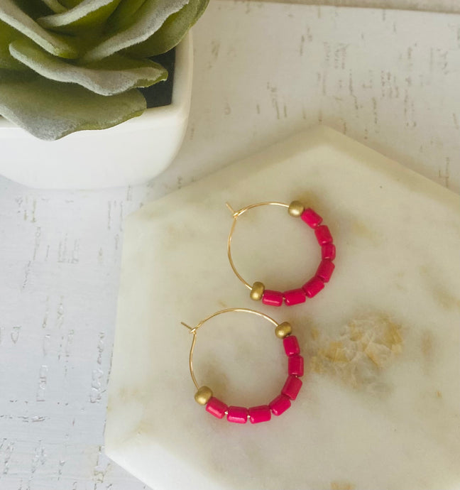 Bright Pink Beaded Hoops