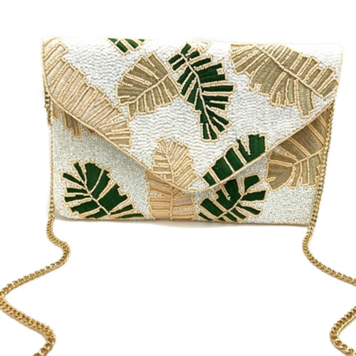 Palm Leaf Beaded Clutch with Flap Closure