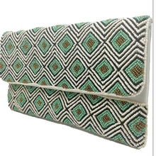 Load image into Gallery viewer, Turquoise/Cream/Black Geo Print Beaded Clutch