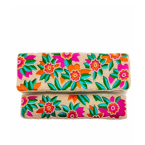 Pink and Orange Floral Fantasy Beaded Clutch