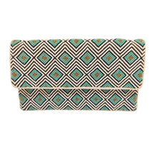 Load image into Gallery viewer, Turquoise/Cream/Black Geo Print Beaded Clutch