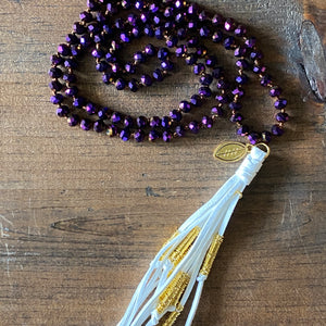 Team Purple and White Tassel Necklace