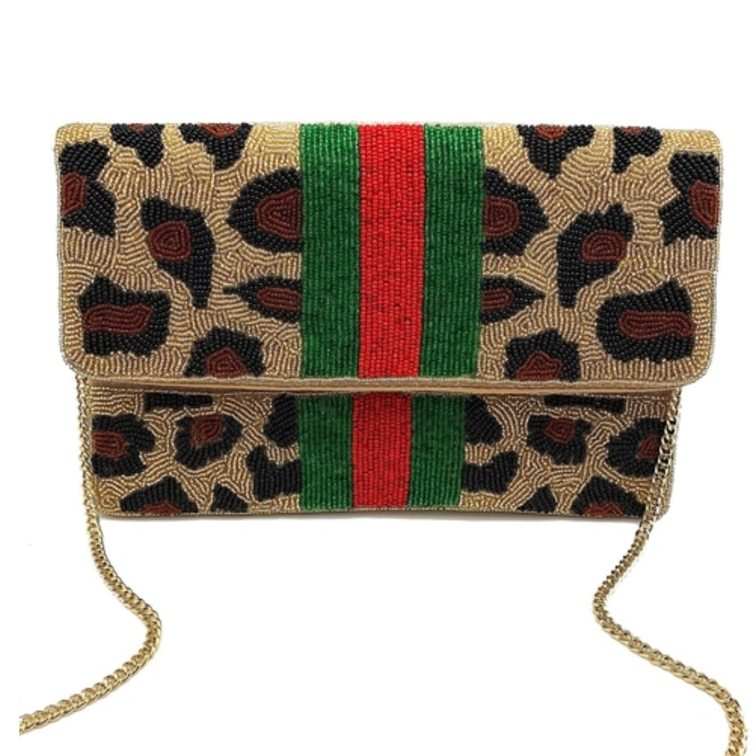 Leopard Beaded Clutch with Italian Stripe