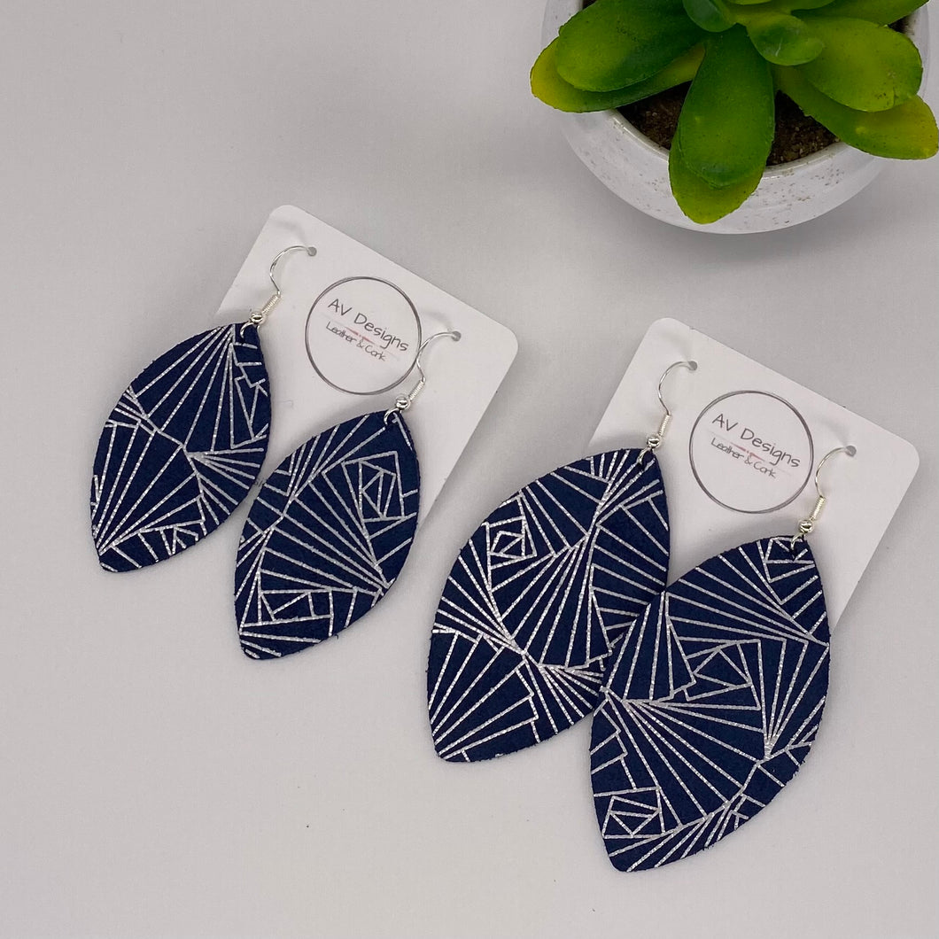Navy and Silver Art Deco Leather Earring