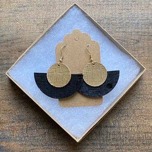 Moon Drop Earrings in Black Cork and Gold Leather