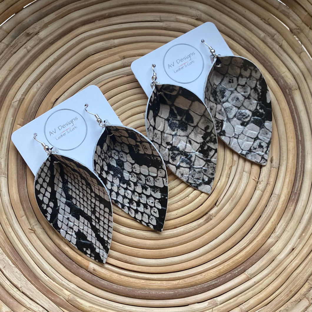 Black and Taupe Snakeskin Leather Pinched Earring